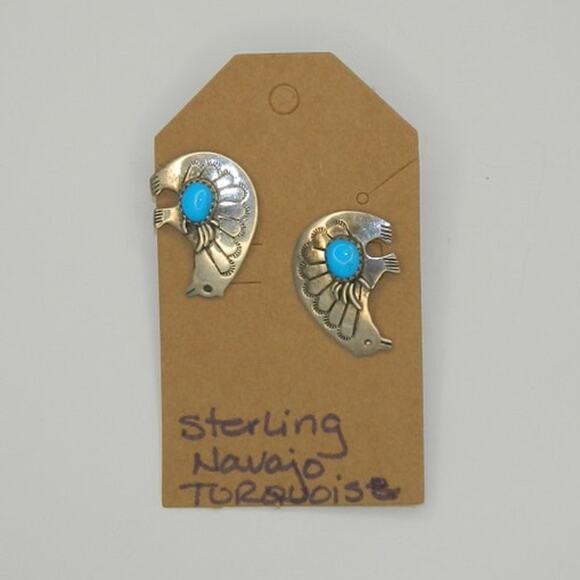 Navajo "Spirit Bear" Sterling Silver Turquoise Post Earrings - Picture 1 of 3